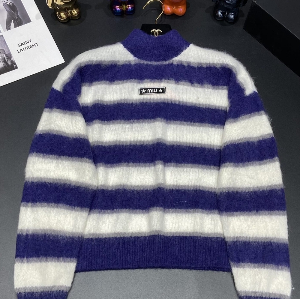 MIU MIU Women's Striped Long Sleeve T-shirt Blue and White